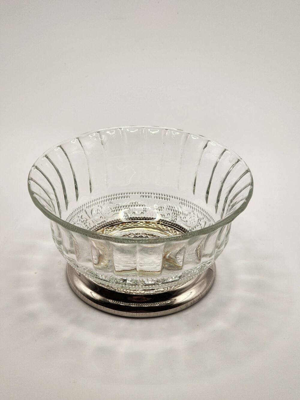 Clear Glass Small Candy Bowl Metal Base Trellis Pattern